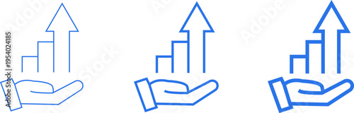 Set of three icons showing a hand holding a growing bar chart with an upward arrow, representing business growth