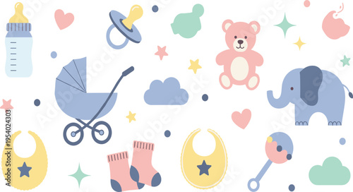 Cute Baby Essentials Vector Set with Bottle Pacifier Stroller Teddy Elephant Socks Bib and Nursery Elements for Childcare Illustration and Design.