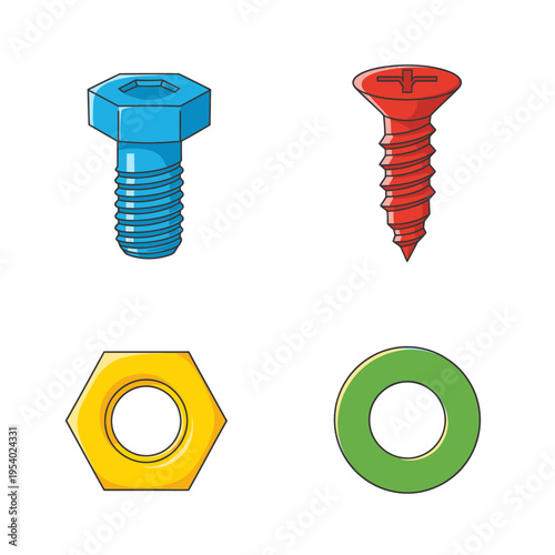 Set of Colorful Isometric Industrial Hardware Including Metal Bolts, Screws, Nuts and Washers for Construction Design