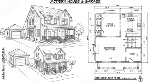 Modern house and garage architectural floor plan with perspective sketches technical drafting building design residential property blueprint