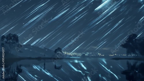 Night sky landscape with meteors reflecting on water surface