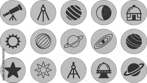 A comprehensive set of fifteen flat grey circular icons representing various astronomical objects