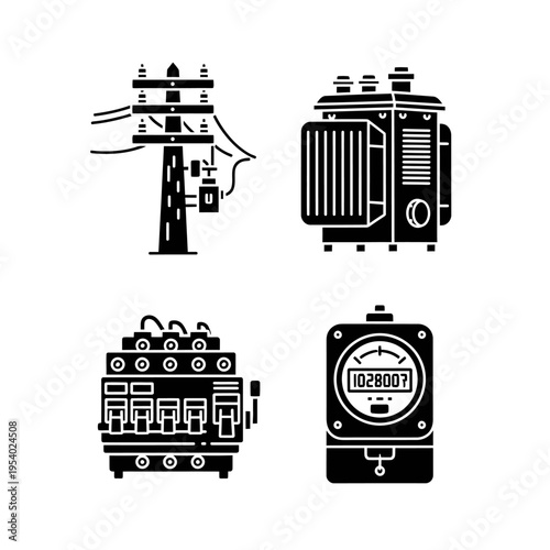 Set of Electrical Infrastructure Icons Featuring Power Poles Transformers Circuit Breakers and Utility Meters in Black Style