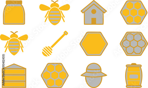 Set of twelve flat icons representing various elements related to honey production and beekeeping