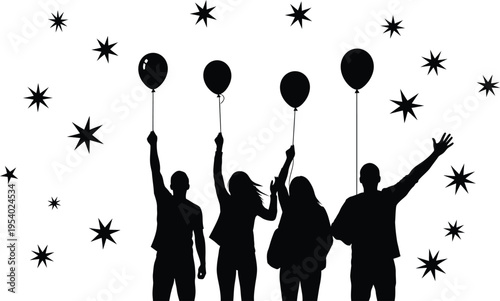 Silhouette of people with balloons and starry night sky