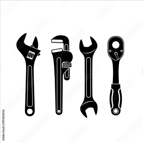 Set of Professional Hand Tools Icons Featuring Adjustable Wrench Pipe Wrench Spanner and Ratchet for Repair Maintenance