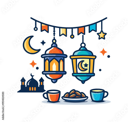 Ramadan night ambience representing the spiritual beauty of the holy month when homes and public spaces are illuminated with decorative lights during evening gatherings, two