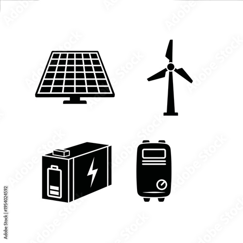 Set of Sustainable Renewable Energy Icons Featuring Solar Panel Wind Turbine Battery and Power Inverter Vector Graphics