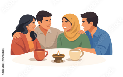 A community celebration moment where friends exchange supportive conversation and shared joy during a cultural gathering that strengthens social bonds and identity, visual metaphor