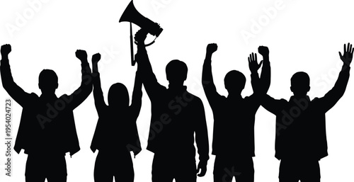 Group of people protesting in silhouette