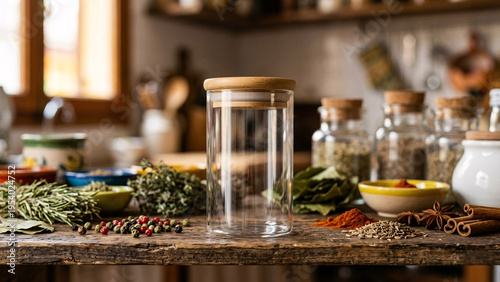 Blank glass storage jar mockup with bamboo lid in rustic kitchen