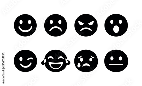 Emotions and smileys icons: smiling face, sad face, angry face, surprised face, winking face, laughing face, crying face, neutral face