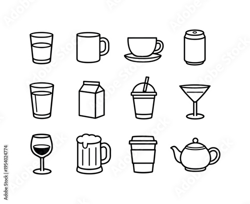 Beverage drink icons: water glass, coffee mug, tea cup, soda can, juice glass, milk carton, smoothie cup, cocktail glass, wine glass, beer mug, takeaway cup with lid, teapot