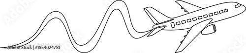 A simple black and white line art illustration of a passenger airplane leaving a wavy vapor trail isolated on white background