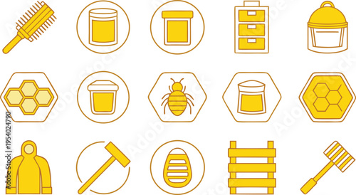 A collection of yellow line art icons representing beekeeping equipment and honey production tools