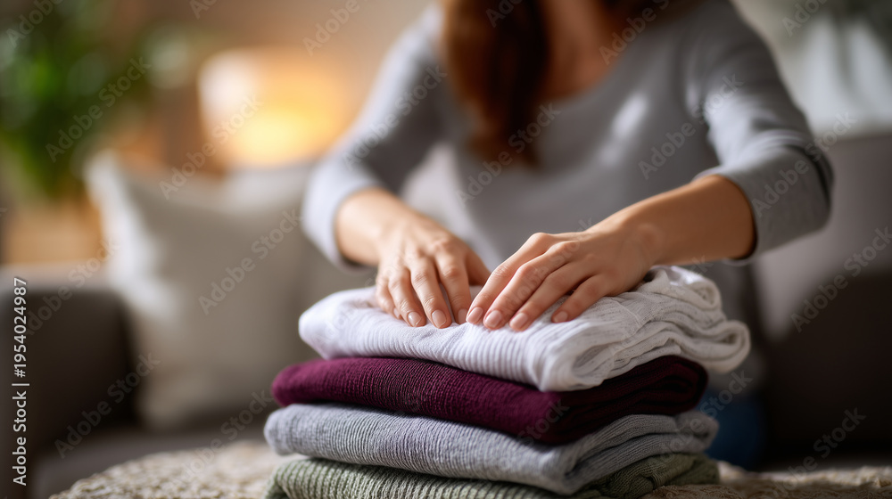 Obraz premium Side view close-up of hands folding laundry on a sofa, faceless composition, soft daylight illuminating neatly folded clothes, realistic textures and shadows adding depth to the do