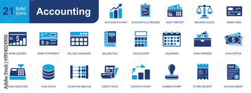 Accounting icon set. Containing audit report, bank card, calculator, calendar, cash register, ledger, statement, receipt, tax document, chart and more. Solid vector icons collection.