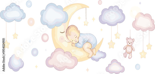 Cute Sleeping Baby on Crescent Moon with Clouds Stars and Teddy Bear Dreamy Night Scene for Nursery Design Baby Shower and Illustration.