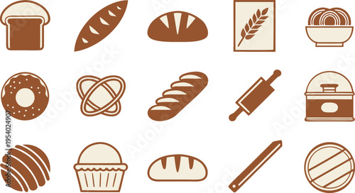Set of fifteen brown monochromatic bakery and pastry icons featuring bread and baking equipment