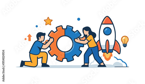 Team innovation and collaborative problem solving inside a young technology company environment centered on building scalable solutions together, two flat abstract characters