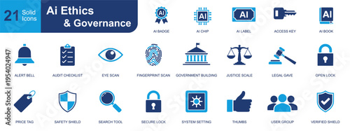 AI ethics and governance icon set. Containing audit checklist, eye scan, fingerprint, justice scale, shield, lock, gavel, user group, AI chip and more. Solid vector icons collection.