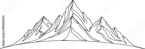 A detailed minimalist black and white line art illustration of a rugged mountain range silhouette isolated on white background