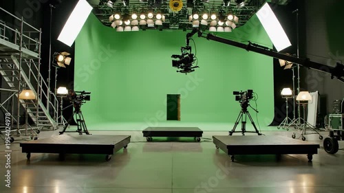 Professional film studio with green screen setup for visual effects