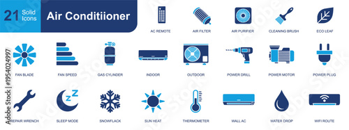 Air conditioner icon set. Containing AC remote, air filter, purifier, fan blade, indoor unit, outdoor unit, snowflake, thermometer, repair, wall AC and more. Solid vector icons collection.