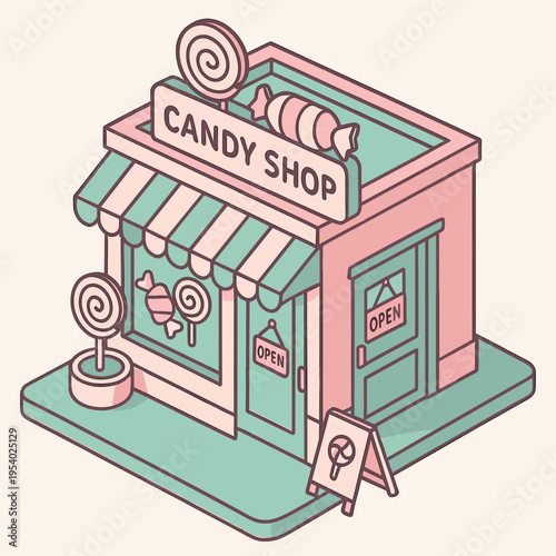 Colorful candy shop illustration with sweet treats and playful design. 