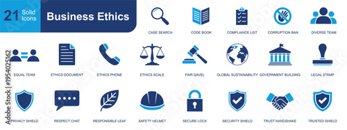 Business ethics icon set. Containing compliance list, justice scale, secure lock, handshake, privacy shield, code book, legal stamp, diverse team and more. Solid vector icons collection.