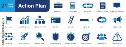 Action plan icon set. Containing briefcase, calculator, checklist, chart, roadmap, target, launch, ladder, shield, team, alert, monitor and more. Solid fill vector icons collection.
