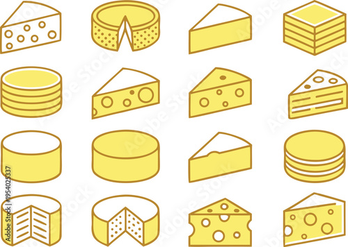 A comprehensive set of sixteen yellow cheese icons featuring various shapes and distinct textures