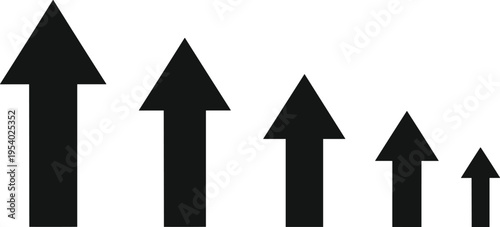 A sequence of five solid black arrows arranged in a row from largest to smallest for visual data isolated on white background
