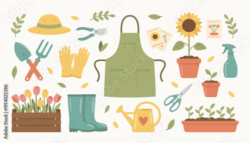 A large vector set of garden tools. Tools for growing, planting, transplanting, watering, and more. Gardening tools and flowers vector set in flat cartoon style