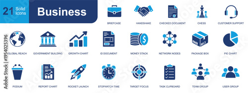 Business icon set. Containing briefcase, handshake, document, support, growth chart, money, package, report, rocket, target, team, user group and more. Solid fill vector icons collection.