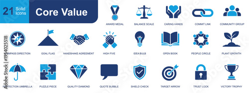 Core value icon set. Containing award medal, balance scale, caring hands, handshake, target arrow, trust lock, open book, quality diamond and more. Solid fill vector icons collection.