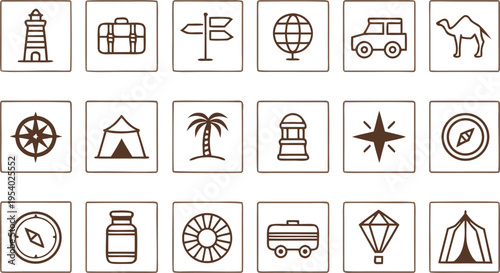 A collection of eighteen hand drawn travel and exploration icons featuring various adventure items