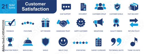 Customer satisfaction icon set. Containing feedback, support, customer group, delivery, trust, quality, survey, reward, trophy, rating and more. Solid fill vector icons collection.