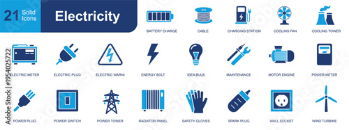 Electricity icon set. Containing battery, cable, charging station, cooling fan, plug, meter, bulb, power tower, socket, turbine, maintenance and more. Solid fill vector icons collection.