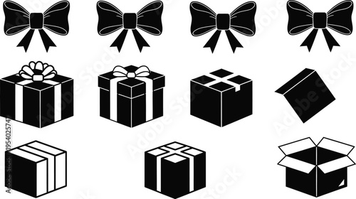 Silhouette of gift bows and wrapped presents icons