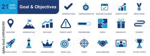 Goal and objectives icon set. Containing approval, deadline, milestone, OKR, progress, roadmap, target, teamwork, trophy, strategy, growth and more. Solid fill vector icons collection.