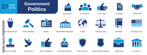 Government politics icon set. Containing ballot box, justice scale, law book, government building, handshake, civic group, tax policy, podium and more. Solid vector icons collection.