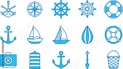 A collection of blue nautical and maritime themed icons featuring various ships and sea equipment