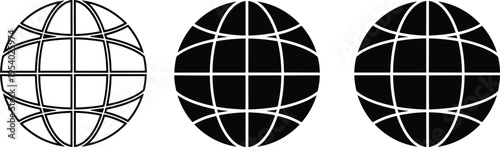 Three variations of a globe icon illustrating different styles of black and white line art design isolated on white background