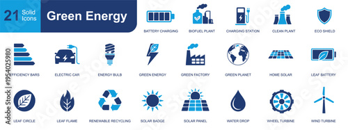 Green energy icon set. Containing battery charging, electric car, solar panel, wind turbine, recycling, biofuel plant, eco shield, clean factory and more. Solid fill vector icons collection.