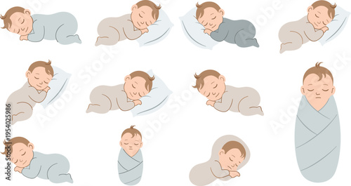 Cute Sleeping Baby Poses Vector Set with Newborn Swaddled and Lying Positions Peaceful Bedtime Scenes for Nursery Design and Infant Care Illustration.
