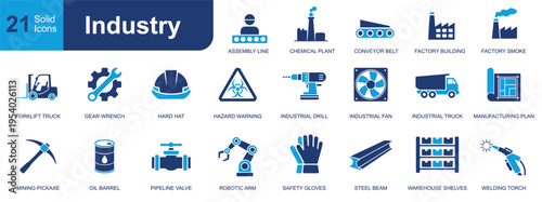 Industry icon set. Containing assembly line, conveyor belt, hard hat, industrial drill, robotic arm, welding torch, oil barrel, warehouse shelves and more. Solid vector icons collection.