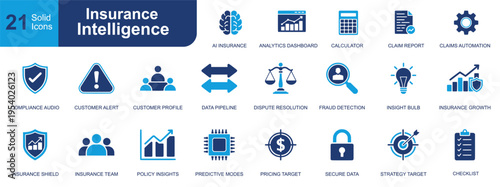 Insurance intelligence icon set. Containing AI insurance, analytics, claims, fraud detection, policy insights, pricing, secure data, growth and more. Solid fill vector icons collection.