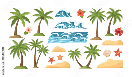 Collection of Tropical palm trees on sandy beach.