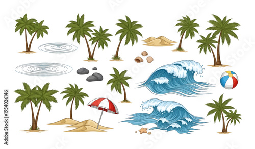 Collection of Palm trees on sandy beach shore.